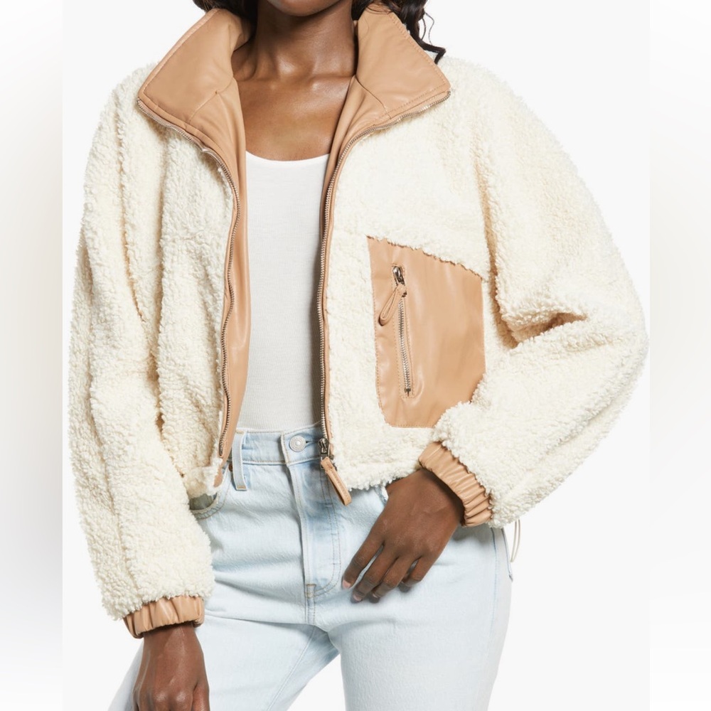 BLANKNYC Faux Shearling with Faux Leather Trim Bomber Jacket